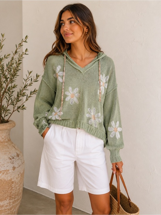POL Sweaters - POL Sage Green Daisy Flower Open Knit Crochet Hooded Sweater Size Large